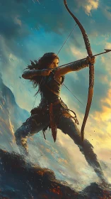Warrior archer poised in storm surf with dynamic backlighting.