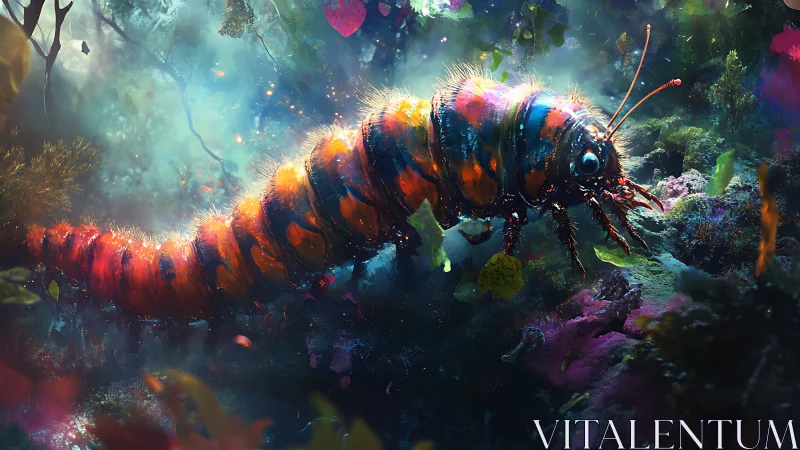 Bioluminescent alien caterpillar glows through neon forest