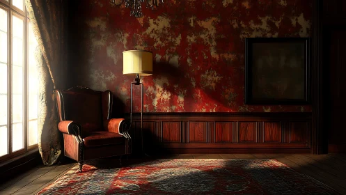 Velvet armchair in moody sunlit study with textured walls.