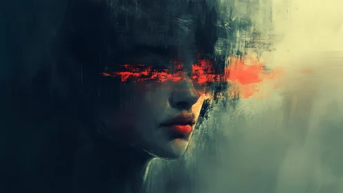 Digital painting portrait with glitch-red ocular distortion field.