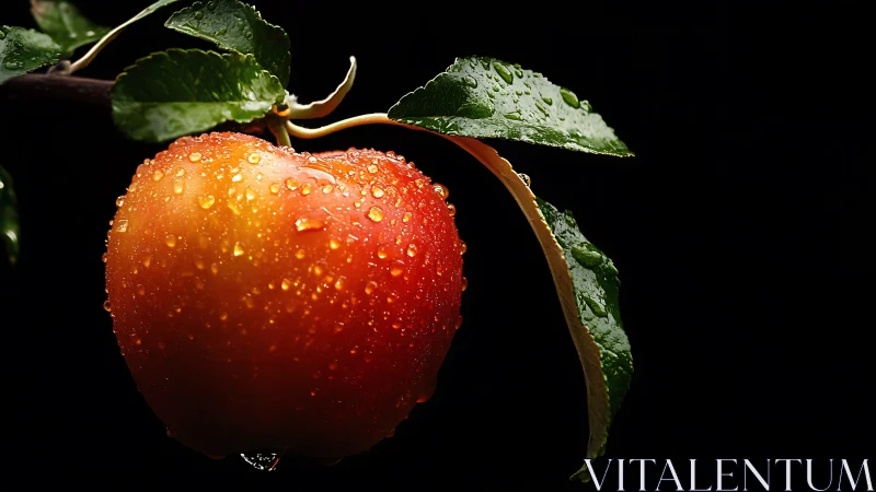 Dew‑covered red apple in dramatic low key studio lighting.