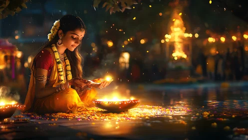 Young woman lighting oil diyas beside reflective water at night