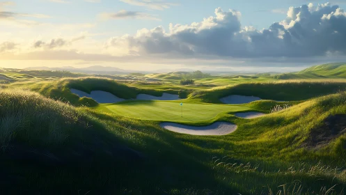 Golden hour over a quiet, rolling links golf green.