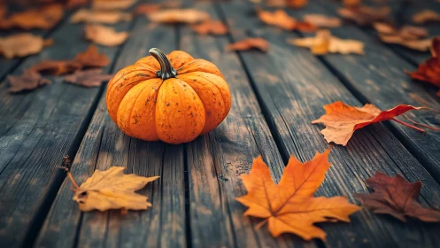 Small orange pumpkin on wooden boards with scattered leaves.