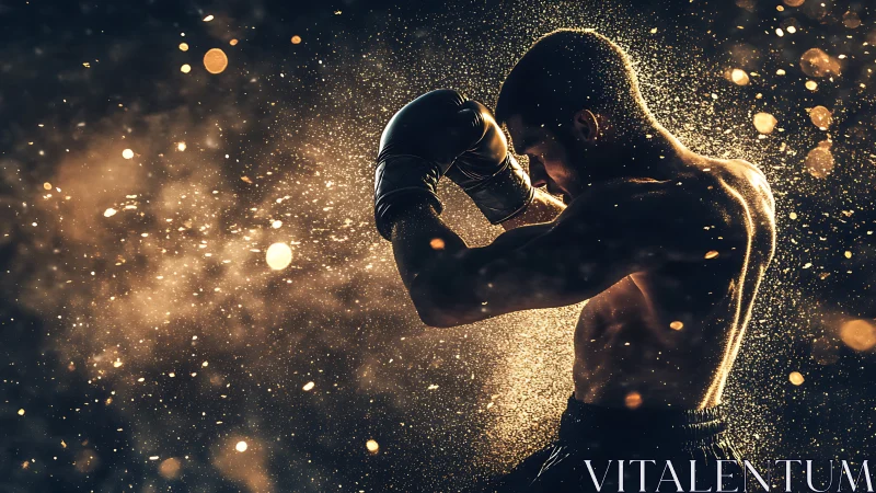 Boxer in Dynamic Combat Pose with Golden Particle Effects.