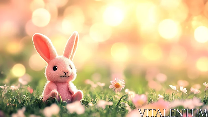Soft-focus plush bunny in luminant bokeh meadow environment.