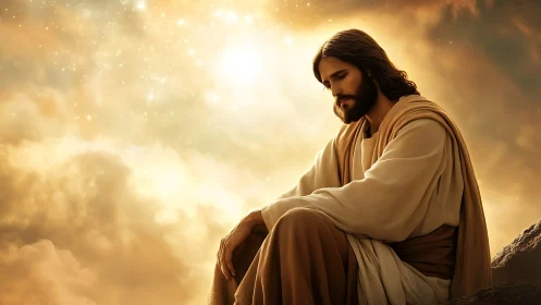 Contemplative robed figure under radiant celestial lightscape.