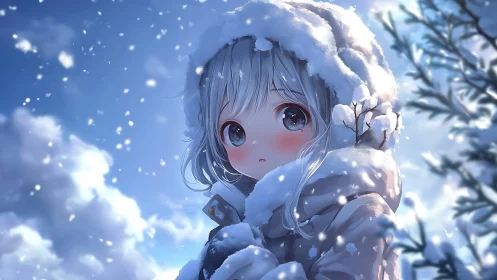 Snowy hooded child in soft blue winter landscape.