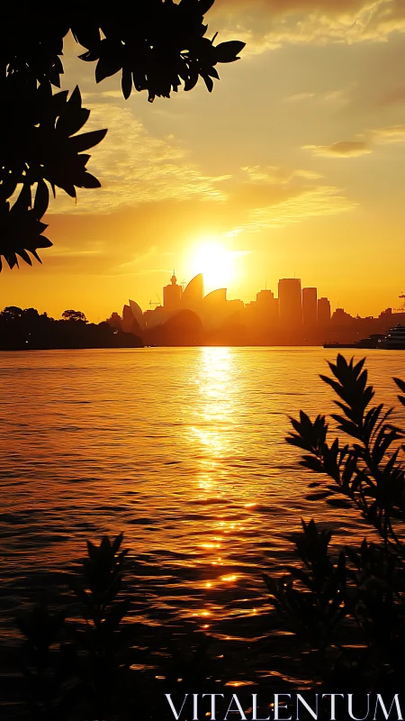 Harbor skyline glows under deep golden sunset light.