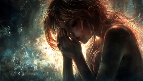 Side-profile female figure holds clasped hands before diffuse light