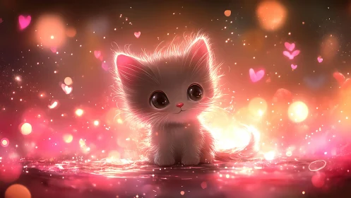 Illuminated white kitten surrounded by glowing hearts and bokeh lights.
