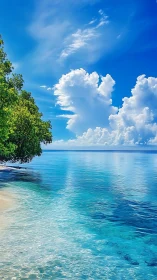 Tropical shoreline with clear cyan water and cumulus clouds.