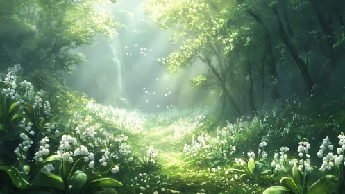 Enchanted Forest Glade with White Flowers and Divine Light