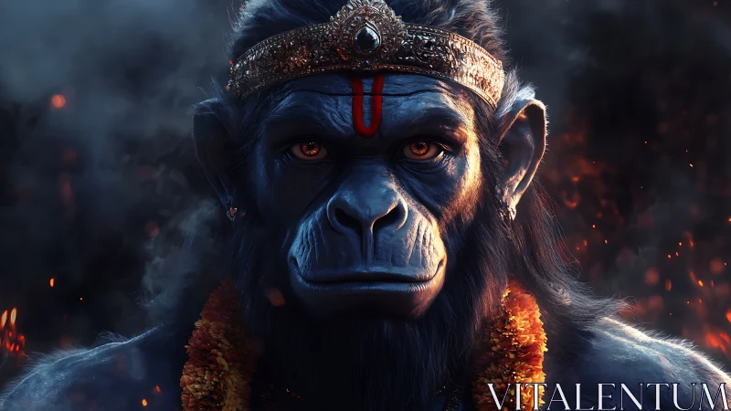3D mythic simian warrior portrait with ember-lit ambience.