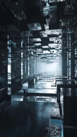 Endless reflective cube corridor dissolves into distant light
