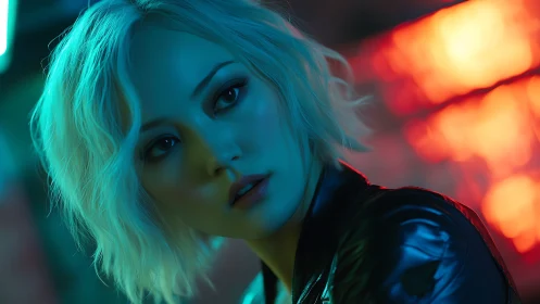 Neon side-lit portrait uses teal–orange contrast and shallow depth