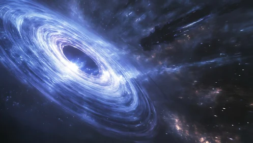 Rotating luminous accretion disk around central void in space.