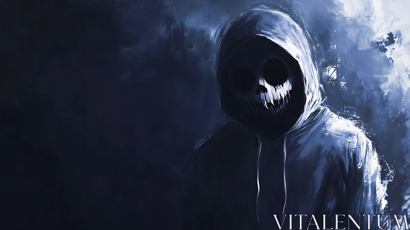 Shadowed skull-faced figure waits quietly in a midnight alley