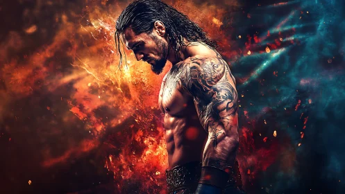 Brooding warrior wrapped in fire and starlit energy.