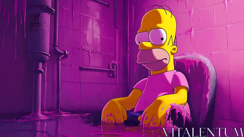 Bright yellow cartoon man slumps in a neon pink puddle