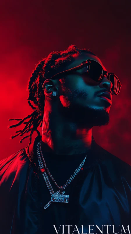 Red gel portrait of man in sunglasses with diamond chains