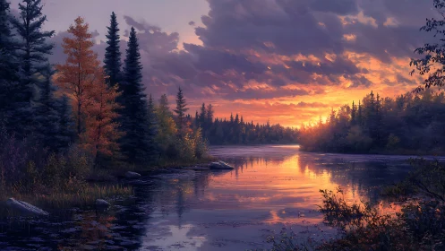 Sunset illuminates forested river beneath stratified clouds