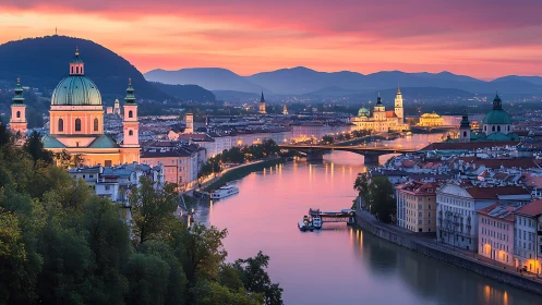 Salzburg old town glows over the river at pastel sunset.