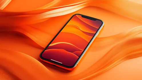 Modern Smartphone on Wave-Patterned Orange Surface
