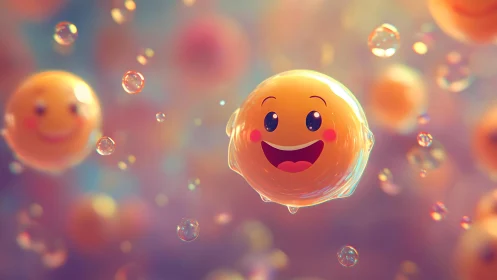 Smiling Cartoon Bubbles in Soft Pastel Dreamscape, Digital Art.
