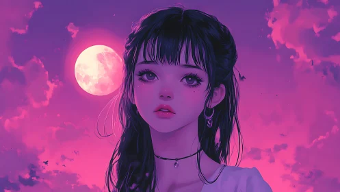 Digital portrait of girl under pink full moon sky.