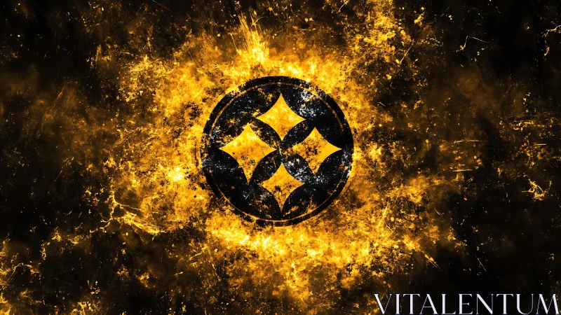 Yellow energy burst surrounds dark circular emblem