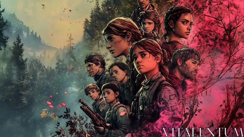 Survivors stand united in a vivid post‑apocalyptic forest tableau.