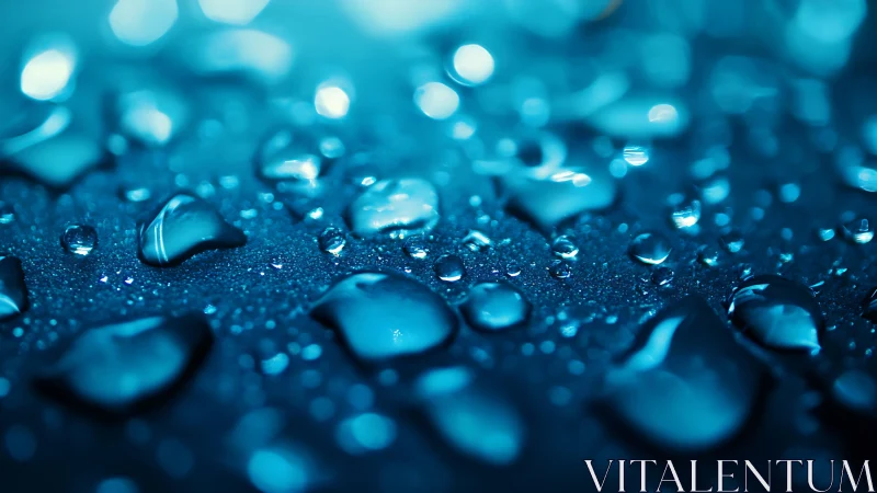 Macro view of water droplets on blue textured surface.