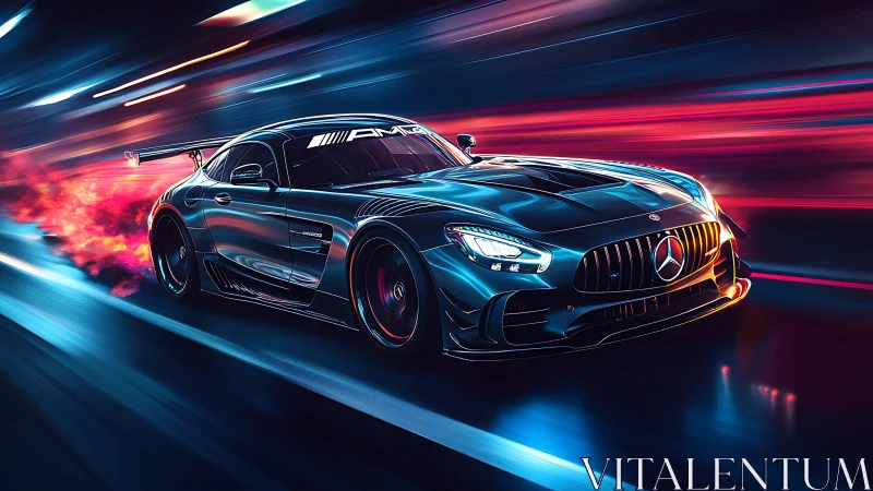 High-performance sports car moves through neon-lit tunnel environment