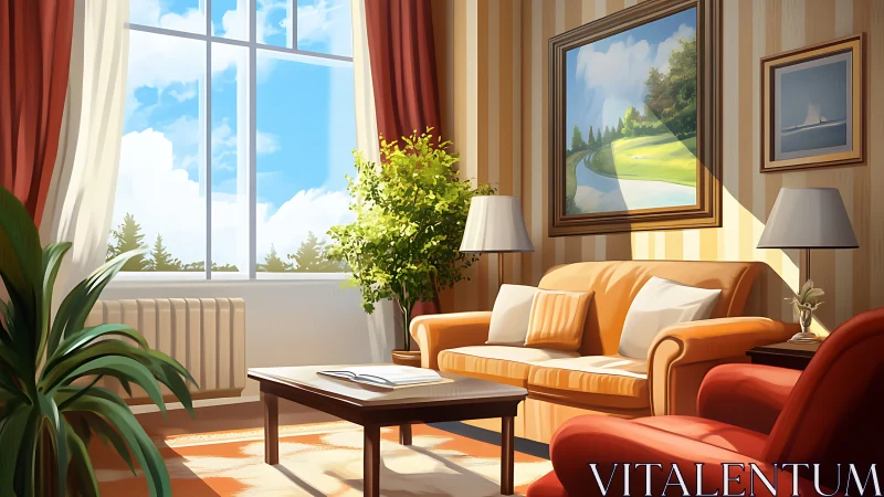 Sunlit living room with orange sofa and large window view