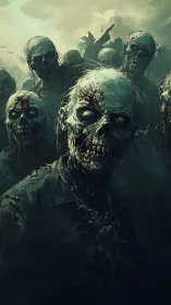 Rotting zombie horde advances through eerie green mist.