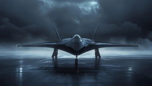 Stealth fighter jet stands on wet runway under storm clouds