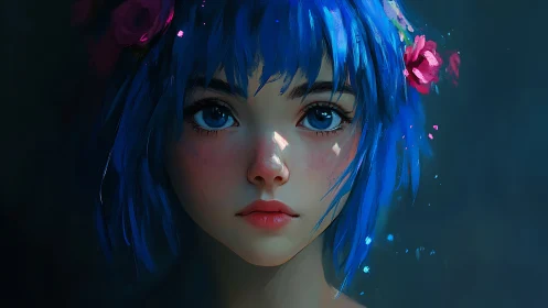 Vivid blue-haired girl portrait with luminous floral accents.