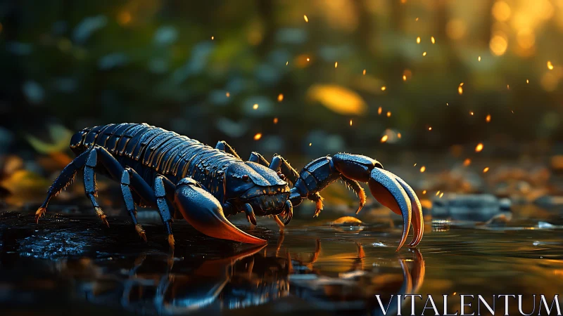 Midnight scorpion strides through emberlit forest shallows