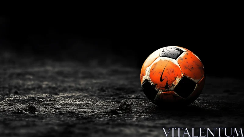 Lone orange football glows on wet asphalt in midnight hush.