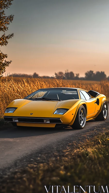 Yellow wedge-shaped supercar on rural road under warm sunset light