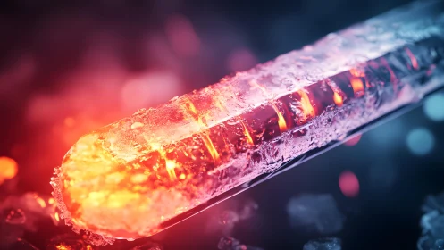 Close-up of fiery rod encased in melting ice, dramatic lighting.