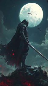 Moonlit dark knight pauses on a quiet burning hilltop.