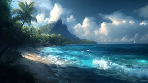 Paradise Island Beach With Dramatic Mountain Peak