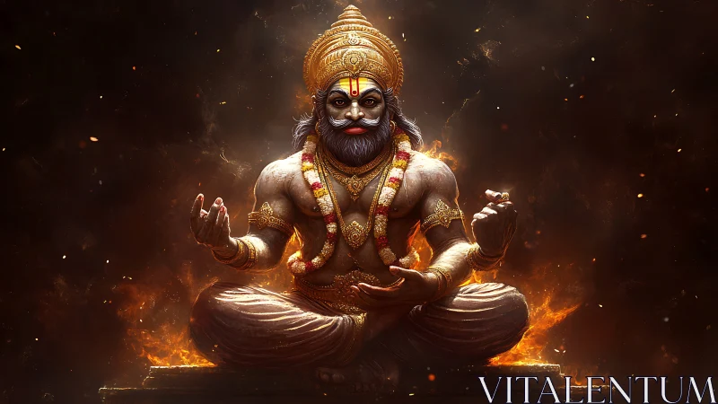 Divine warrior deity in fiery meditation rendered as digital art