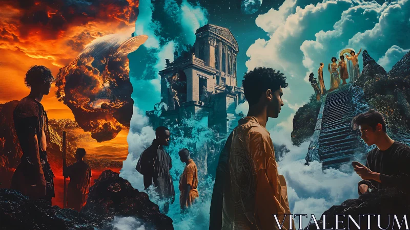 Surreal celestial journey divides fiery chaos and calm sky