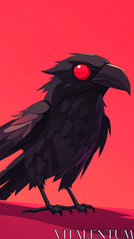 Black raven with red eye stands against flat crimson sky