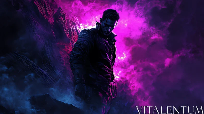 Lone warrior stands in neon violet storm-lit canyon.