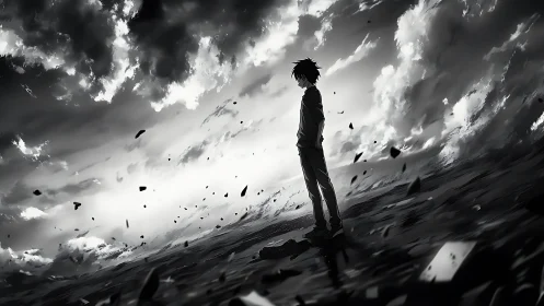 Silhouetted boy stands alone under dramatic storm clouds