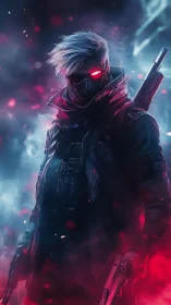 Neon-eyed rogue walking through electric cyberpunk mist.